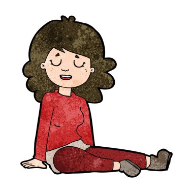 çizgi filmdeki mutlu kadın yerde oturuyor.