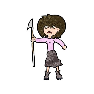 Zıpkınlı karikatür kadın.