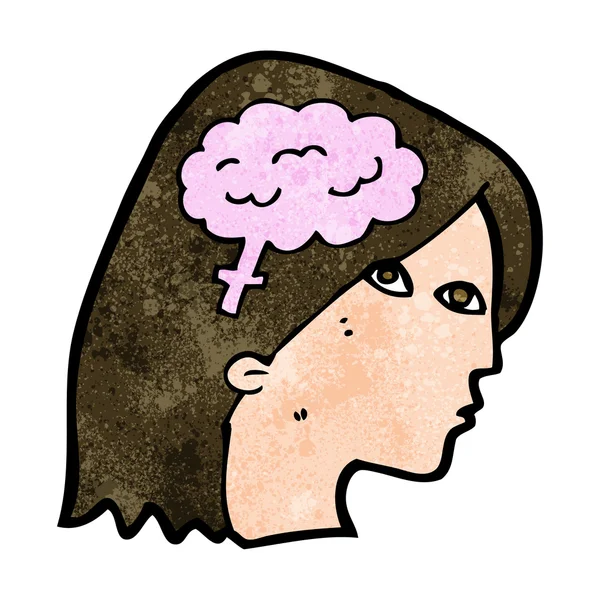 Cabeza femenina de dibujos animados con símbolo cerebral — Vector de stock