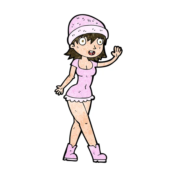 Desenho animado menina bonita no chapéu acenando — Vetor de Stock