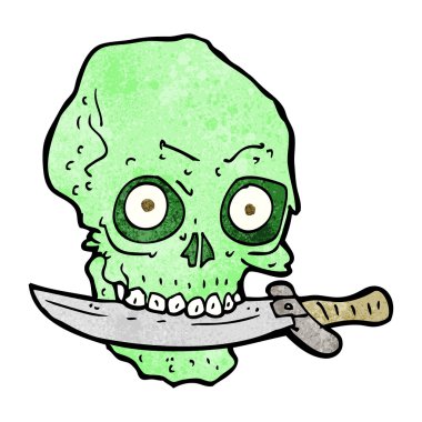 Dişlerinde bıçak olan korsan kafatası.