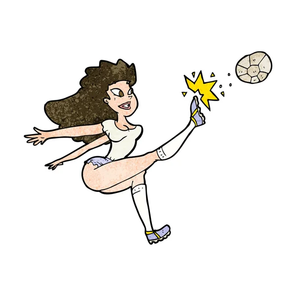 Cartoon female soccer player kicking ball — Stock Vector