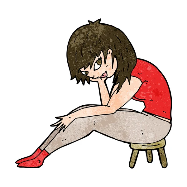 Tecknad kvinna sitter på liten avföring — Stock vektor
