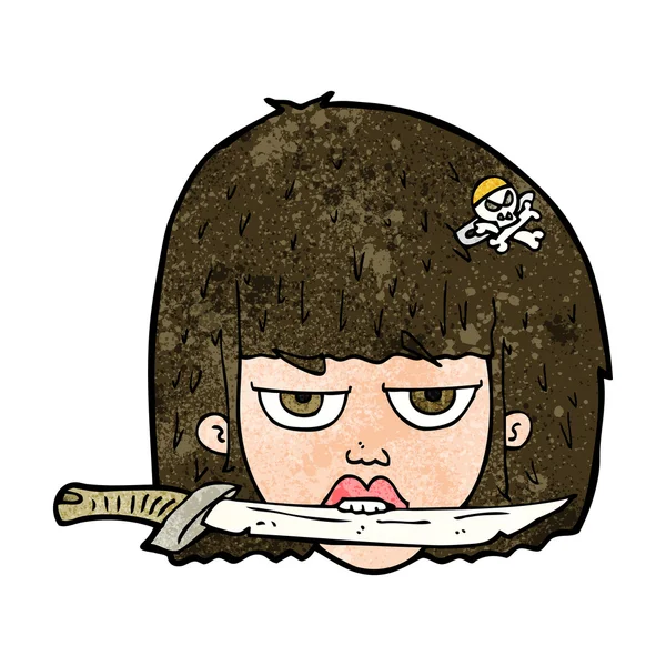 Γελοιογραφία γυναίκα που κρατά μαχαίρι ανάμεσα στα δόντια — Διανυσματικό Αρχείο