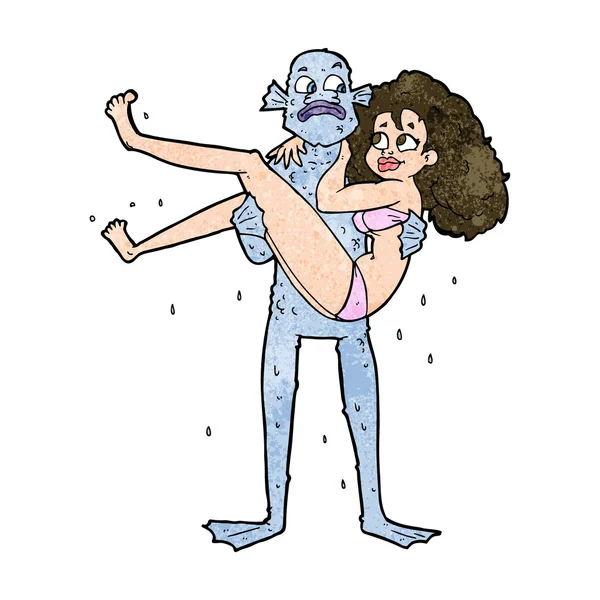 Cartoon swamp monster carrying woman in bikini — Stock Vector