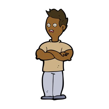 Çapraz kollu çizgi film adamı.