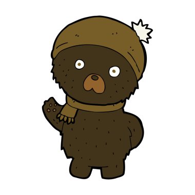 Çizgi film sevimli siyah ayı kış şapkası ve atkısı içinde