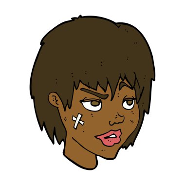 Yüzü alçılı çizgi film kadını.