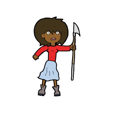 Zıpkınlı karikatür kadın.