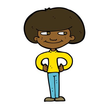 Kalçasında elleri olan çizgi film çocuğu.