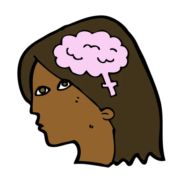 Cabeza femenina de dibujos animados con símbolo cerebral — Vector de stock