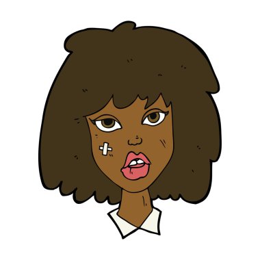 Yüzü morarmış çizgi film kadını.