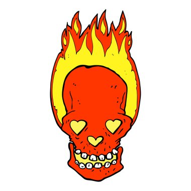 karikatür alevli kafatası aşk dolu kalp gözleri