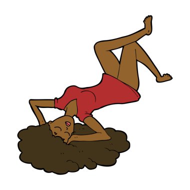 Çizgi filmdeki kadın yerde yatıyor.