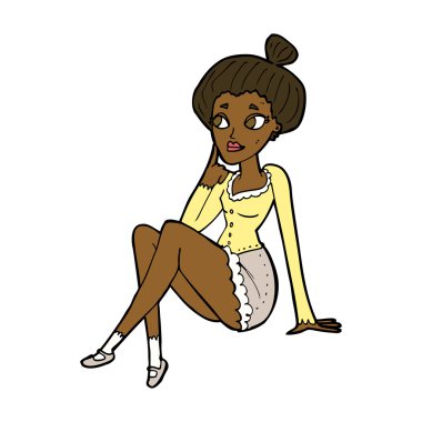 Çizgi film çekici kadın oturup düşünüyor.