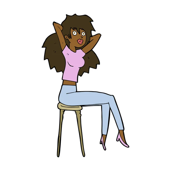 Dessin animé femme posant sur tabouret — Image vectorielle