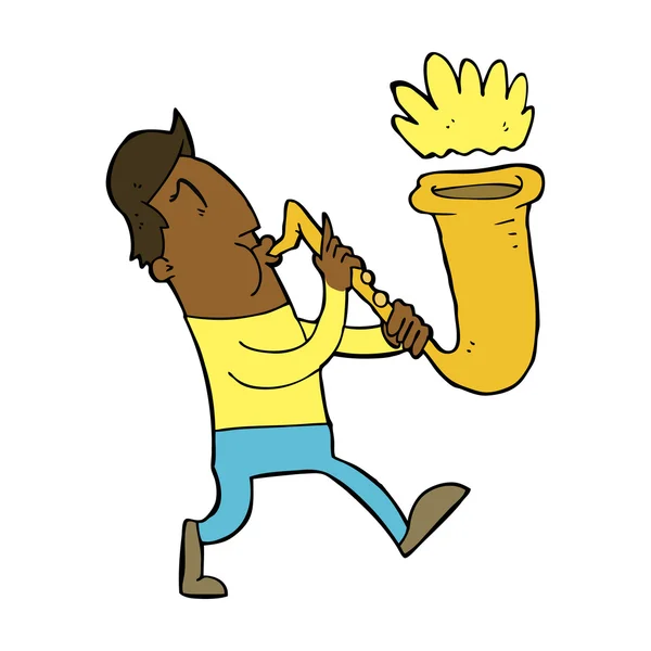 Dessin animé homme soufflant saxophone — Image vectorielle