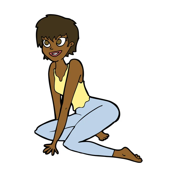 Cartone animato donna felice seduto sul pavimento — Vettoriale Stock