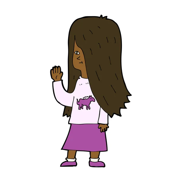 Desenho animado menina com pônei camisa acenando — Vetor de Stock
