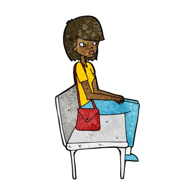 Çizgi filmdeki kadın bankta oturuyor.