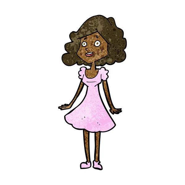 Γελοιογραφία ευτυχισμένη γυναίκα σε φόρεμα — Διανυσματικό Αρχείο