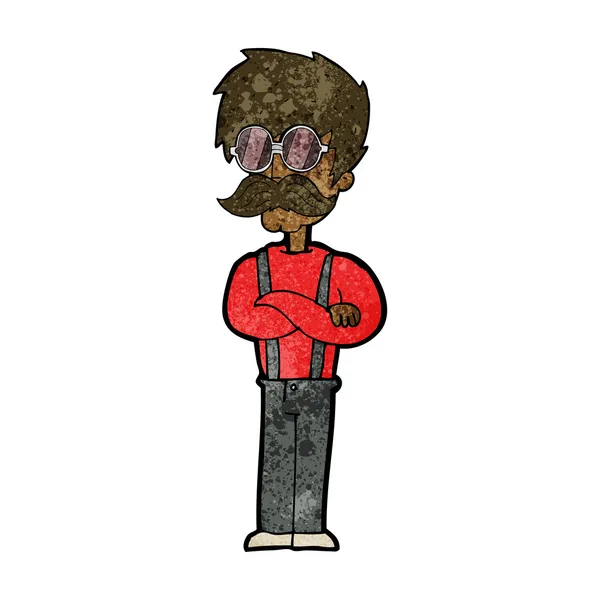 Homme hipster dessin animé avec moustache et lunettes — Image vectorielle
