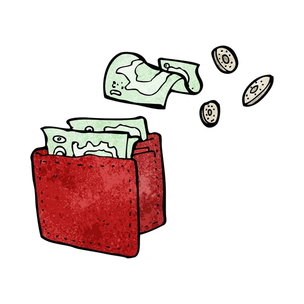 Мультяшний гаманець проливає гроші — стоковий вектор