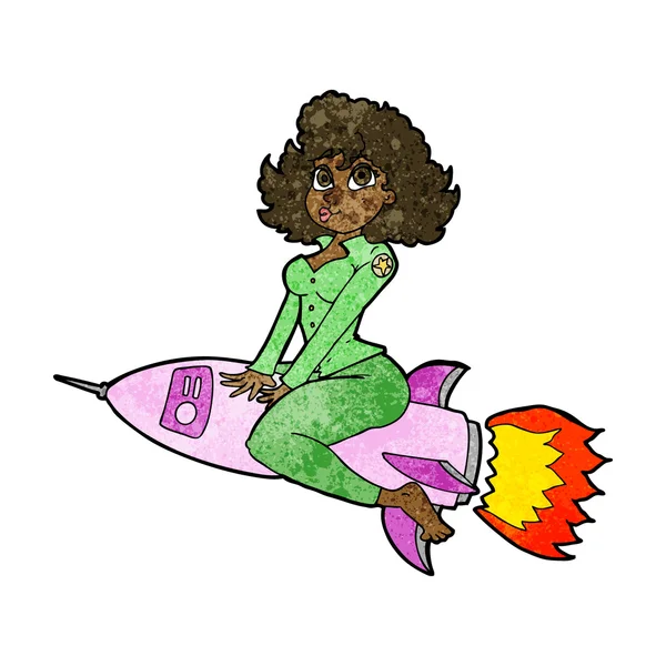 Ejército de dibujos animados pin up chica cabalgando misil — Vector de stock