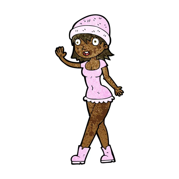 Karikatur hübsches Mädchen mit Hut winkt — Stockvektor