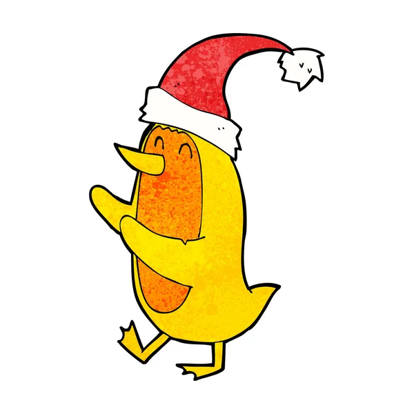 Kreslený pták nosí vánoční klobouk — Stockový vektor