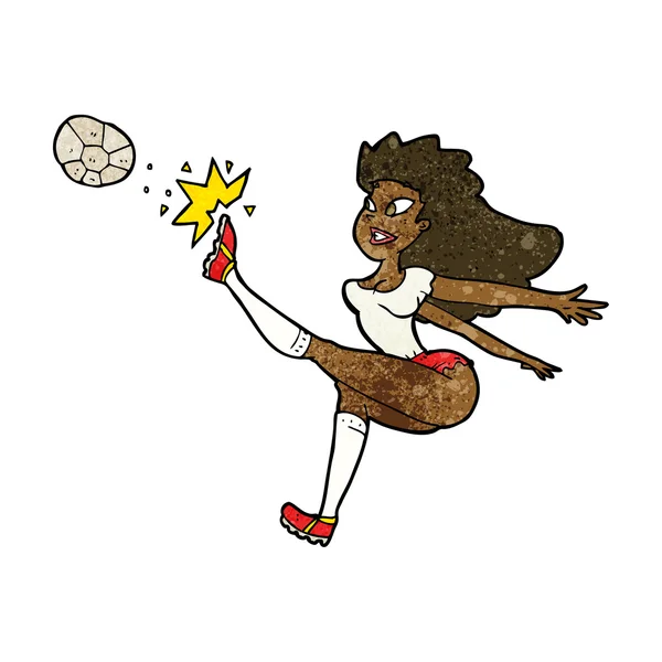 Kreslený ženský fotbalista kopající míč — Stockový vektor