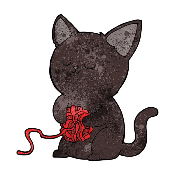 Cartoon cute black cat playing with ball of yarn — Stock Vector