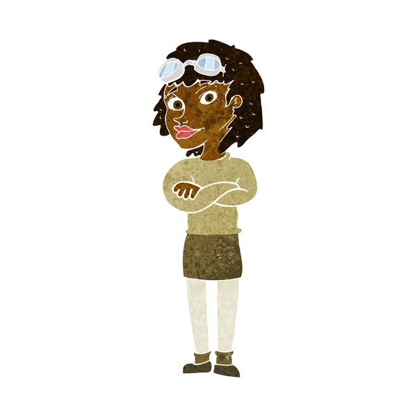 Femme dessin animé avec bras croisés et lunettes de sécurité — Image vectorielle
