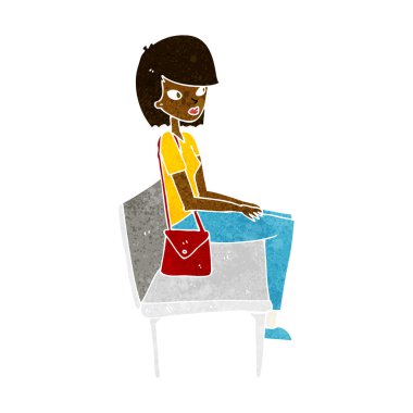 Çizgi filmdeki kadın bankta oturuyor.