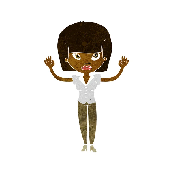 Mujer de dibujos animados con las manos levantadas — Vector de stock