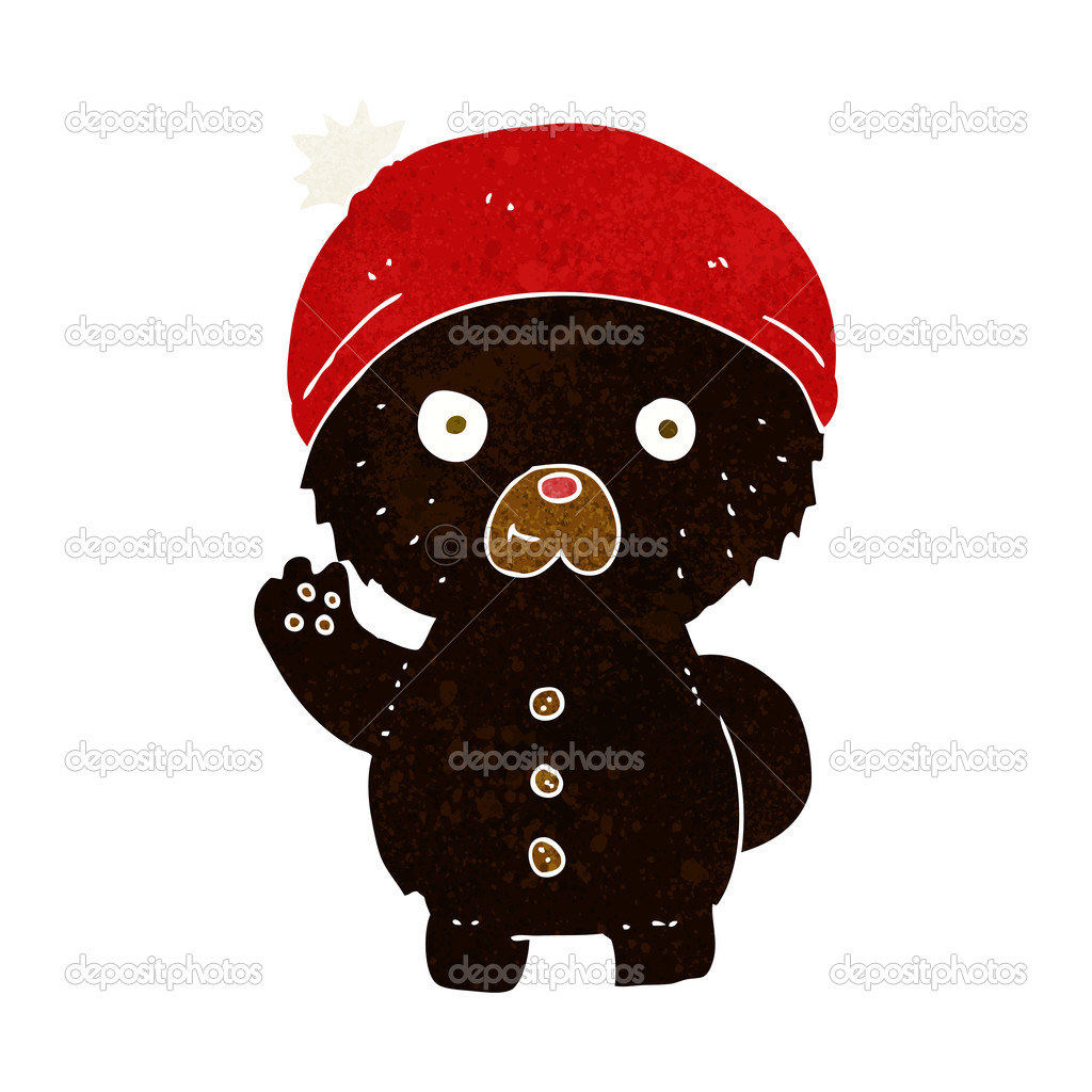 Cartoon Waving Black Teddy Bear In Winter Hat — Stock Vector
