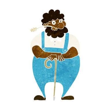 Çizgi film çiftçisi bastona yaslanıyor.