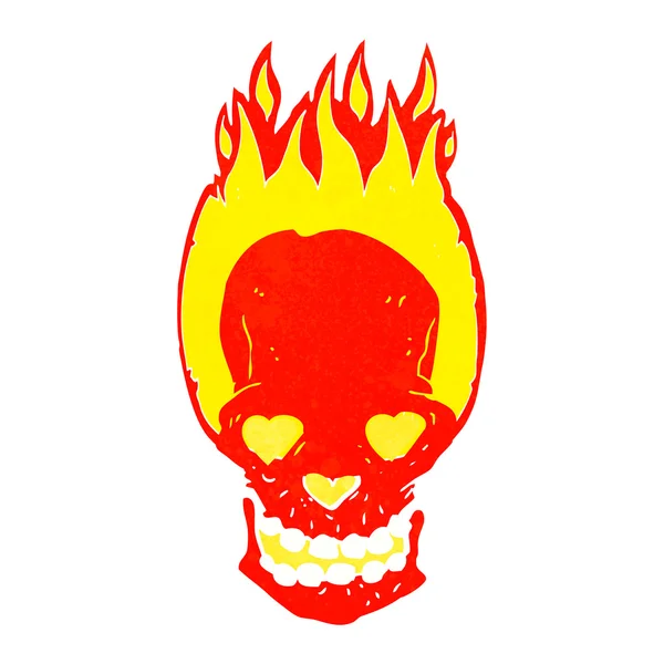 Cartoon flaming skull with love heart eyes — Stock Vector