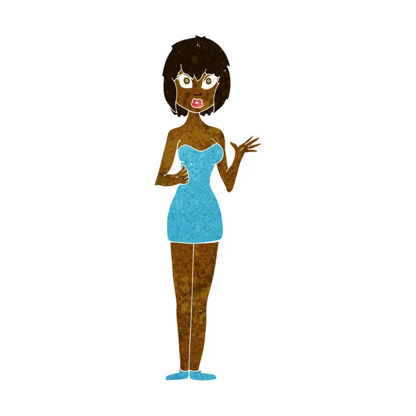 Cartone animato confuso donna in abito da cocktail — Vettoriale Stock