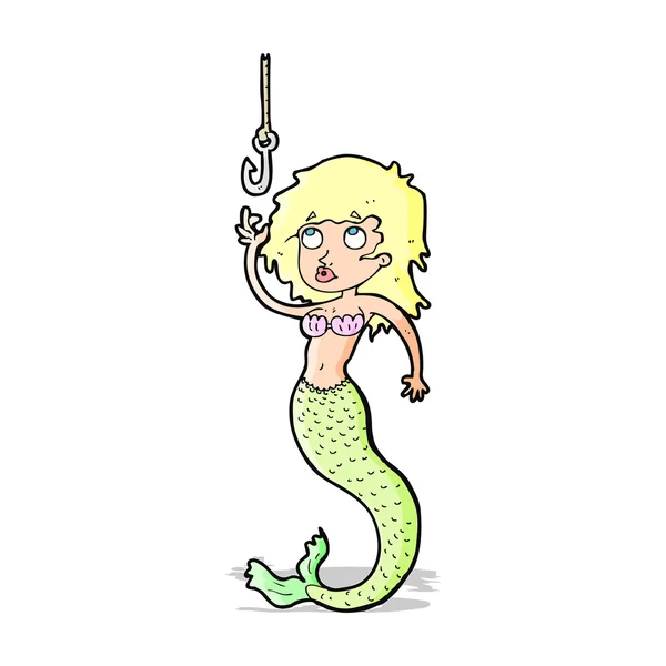 Cartoon sirena e amo da pesca — Vettoriale Stock