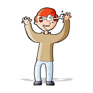 Kafasından fırlayan gözleri olan çizgi film adamı.