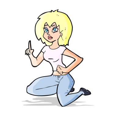 Fikri olan çizgi film kadını.