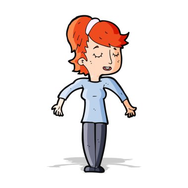 Çizgi film dostu kadın omuz silkiyor.