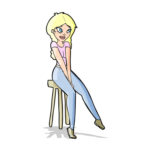 卡通人物漂亮的姑娘坐在凳子上 — 图库矢量图片