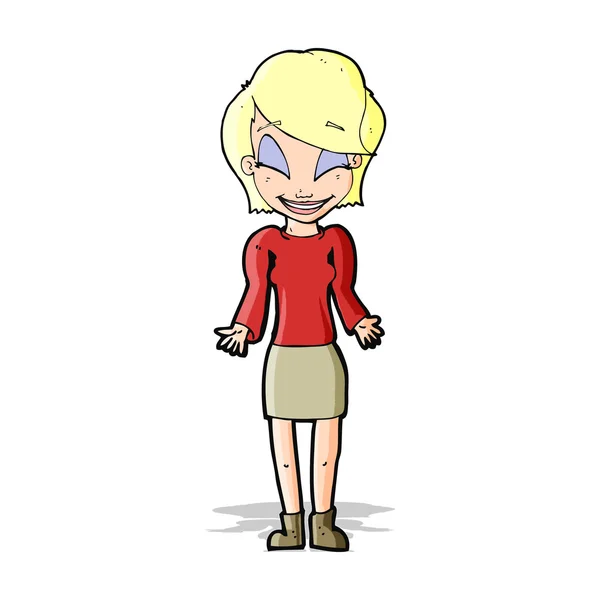 Cartoon gelukkig vrouw shrugging schouders — Stockvector