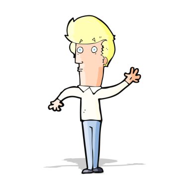 Çizgi filmdeki sinirli adam el sallıyor.