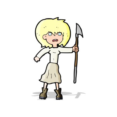 Zıpkınlı karikatür kadın.