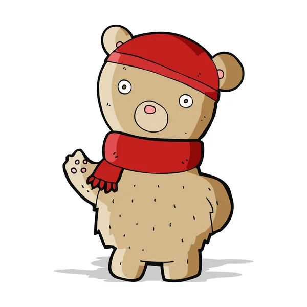 Oso de peluche de dibujos animados en sombrero de invierno y bufanda — Vector de stock