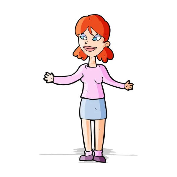 Γελοιογραφία ευτυχισμένη γυναίκα shruggin τους ώμους — Διανυσματικό Αρχείο