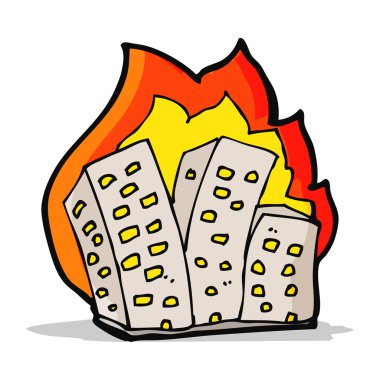 binaları yanan karikatür